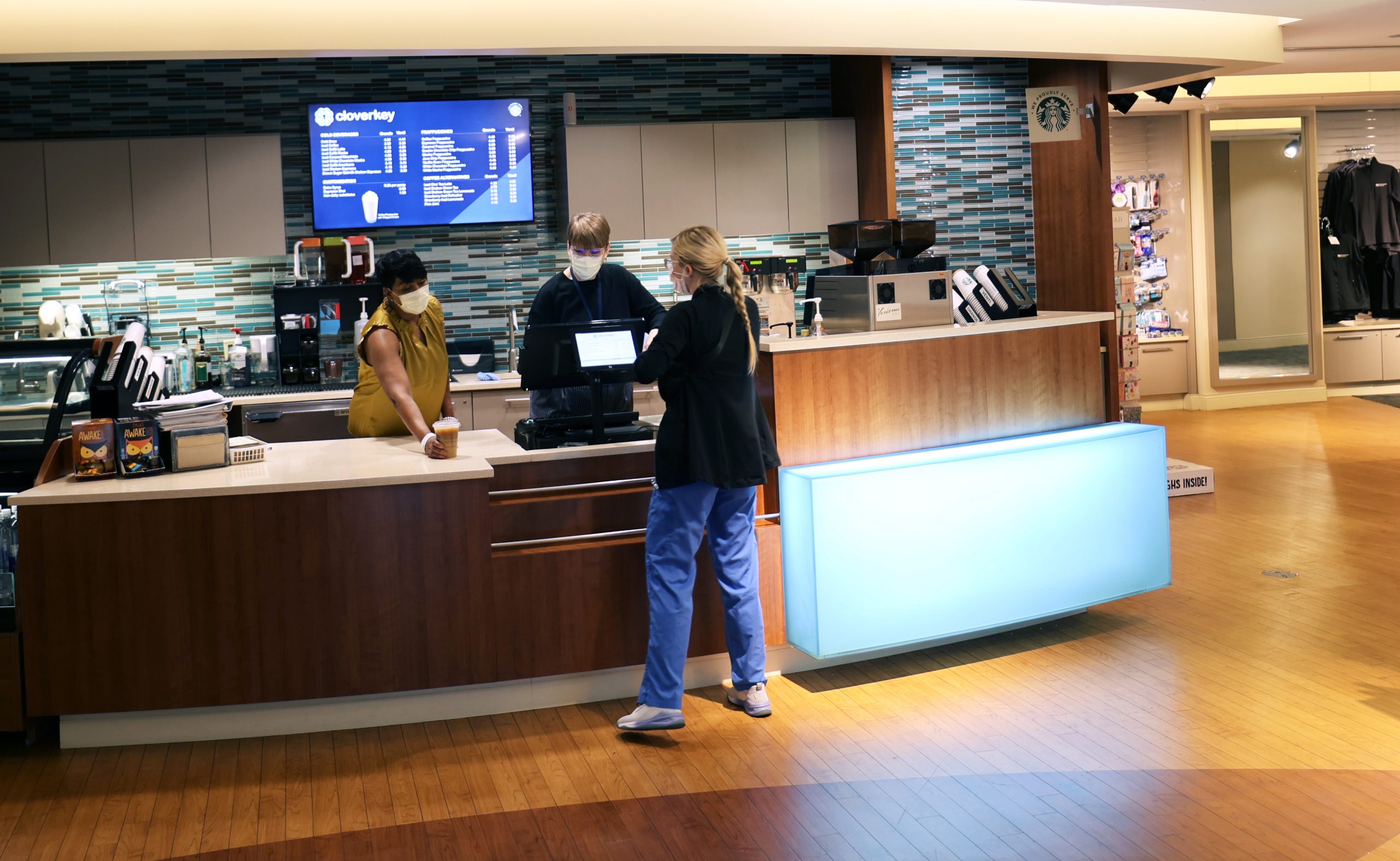 Counter at the Cloverkey Central DuPage Hospital gift shop where Starbucks coffee is served