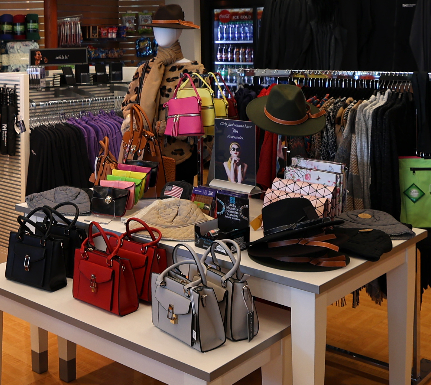 Handbags and fashion accessories at the Cloverkey gift shop in Delnor Community Hospital