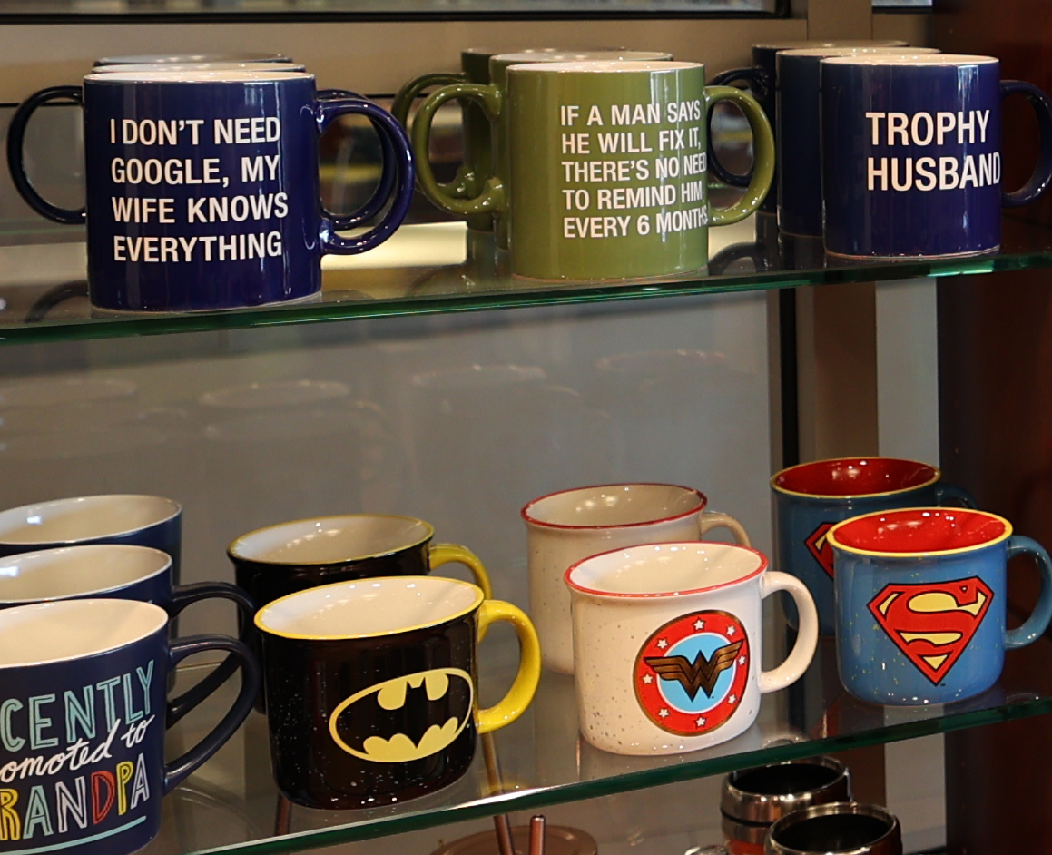 Novelty coffee mugs at the Cloverkey gift shop in Delnor Community Hospital