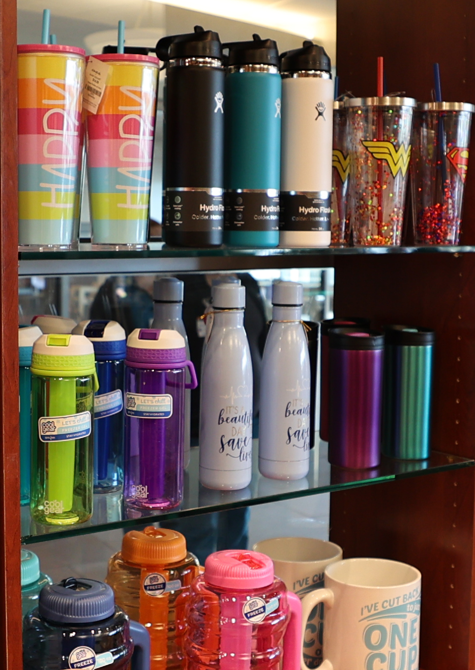 Water bottles and beverage tumblers at the Cloverkey gift shop in Delnor Community Hospital