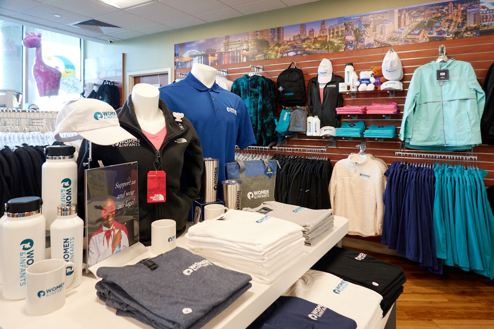 Branded clothing and accessories at the Cloverkey gift shop at Women & Infants Hospital