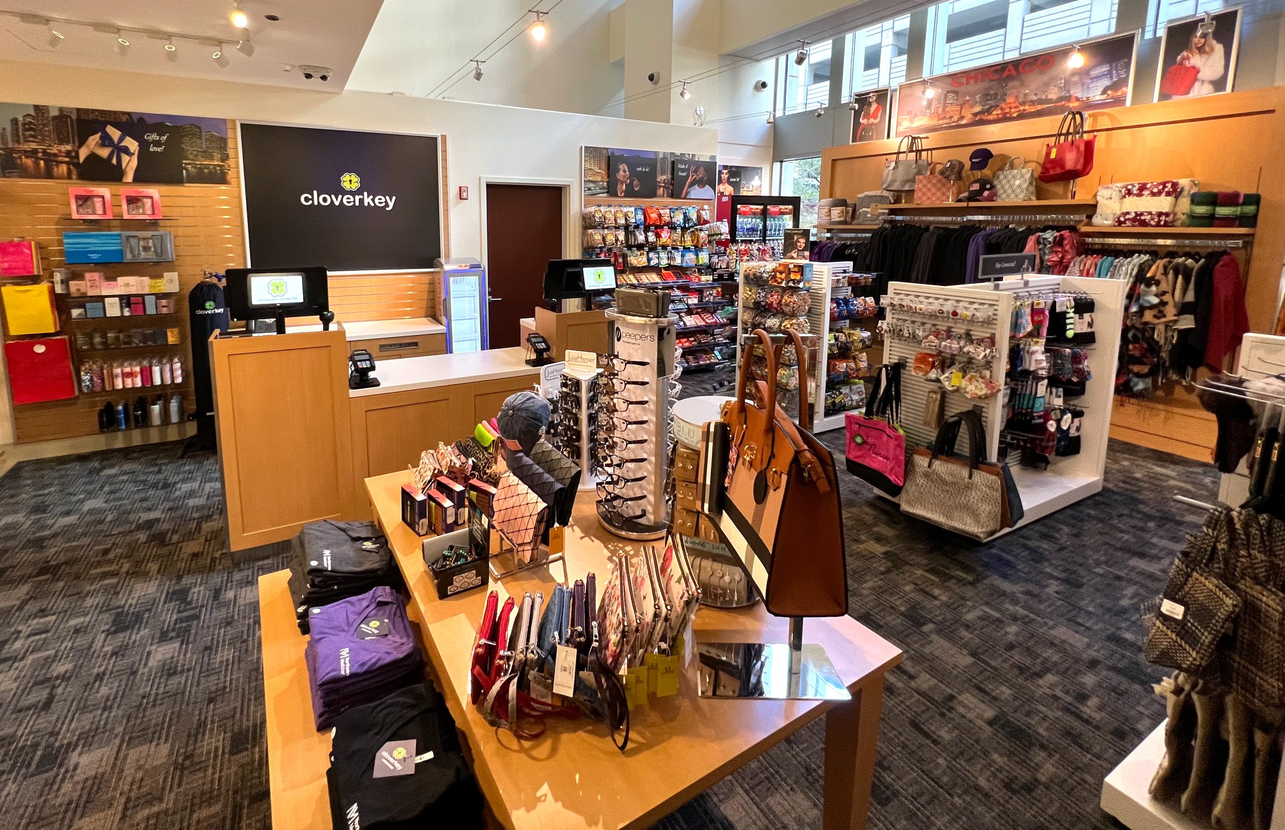 Fashion accessories and other merchandise at the Cloverkey gift shop at Northwestern Medicine Central DuPage Hospital