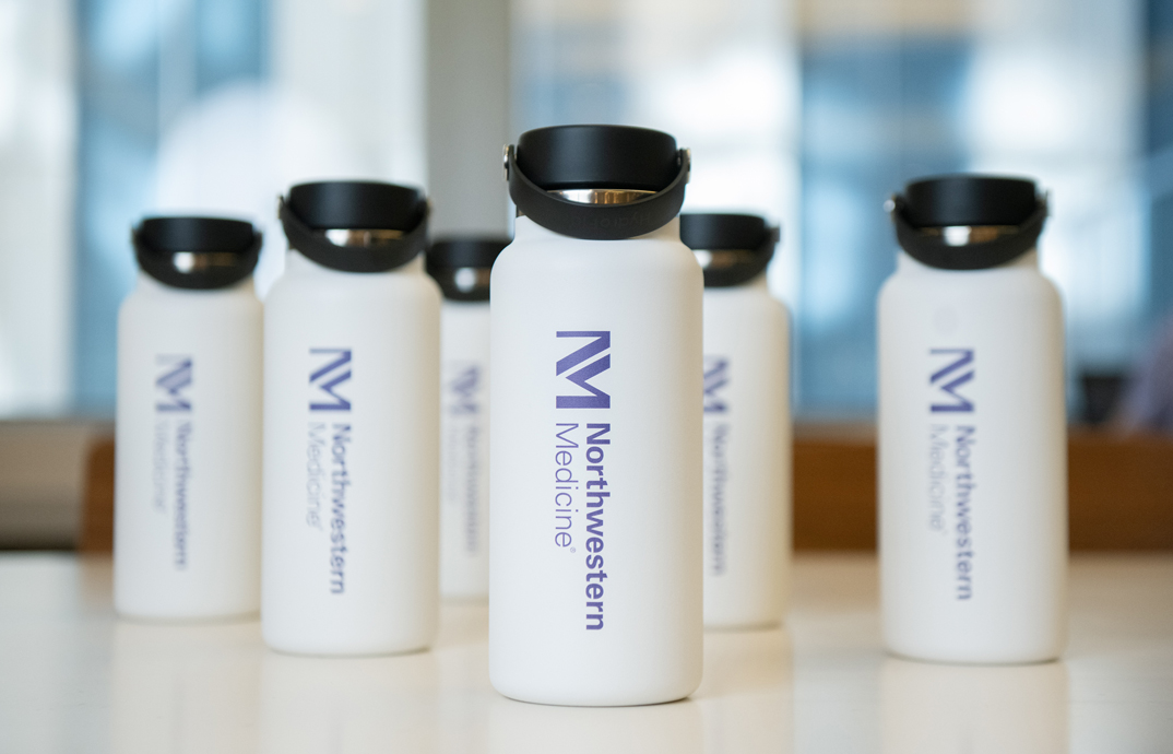 Hospital branded water bottles at the Northwestern Medicine brand store by Cloverkey