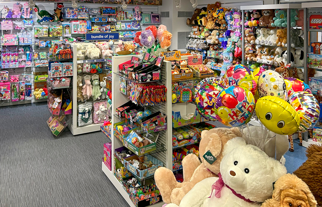 Plush and balloons at the Cloverkey gift shop at Boston Children's Hospital
