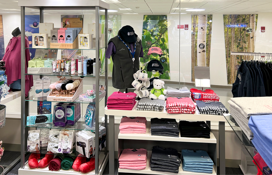 Hospital branded apparel at the Cloverkey gift shop at Boston Children's Hospital