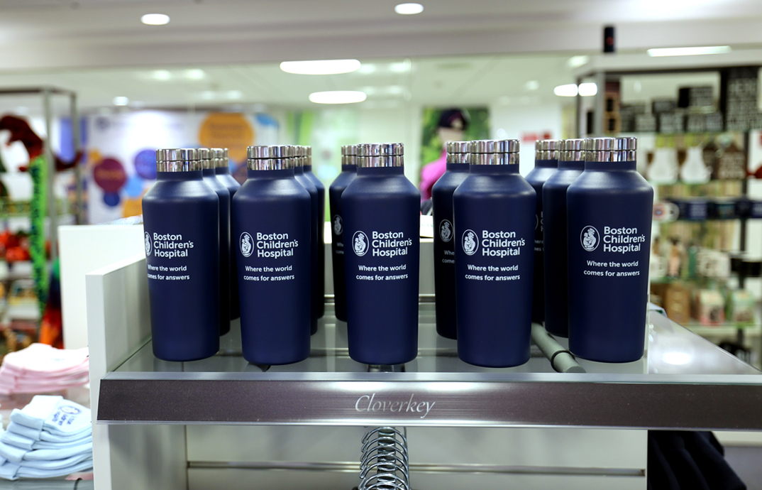 Hospital branded HydroFlask tumblers at the Cloverkey gift shop at Boston Children's Hospital