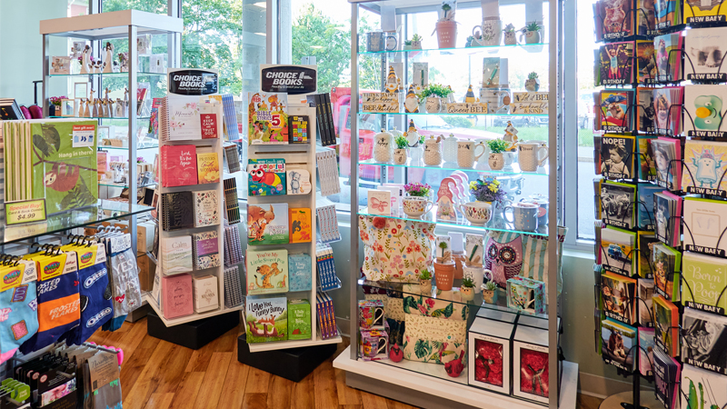 Books, greeting cards, and gifts at a Cloverkey hospital gift shop