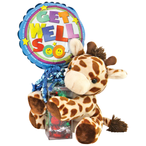 Premade Get Well Soon gift set with candy and plush
