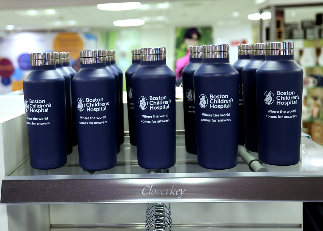 Branded HydroFlask tumblers at the Cloverkey gift shop at Boston Children's Hospital