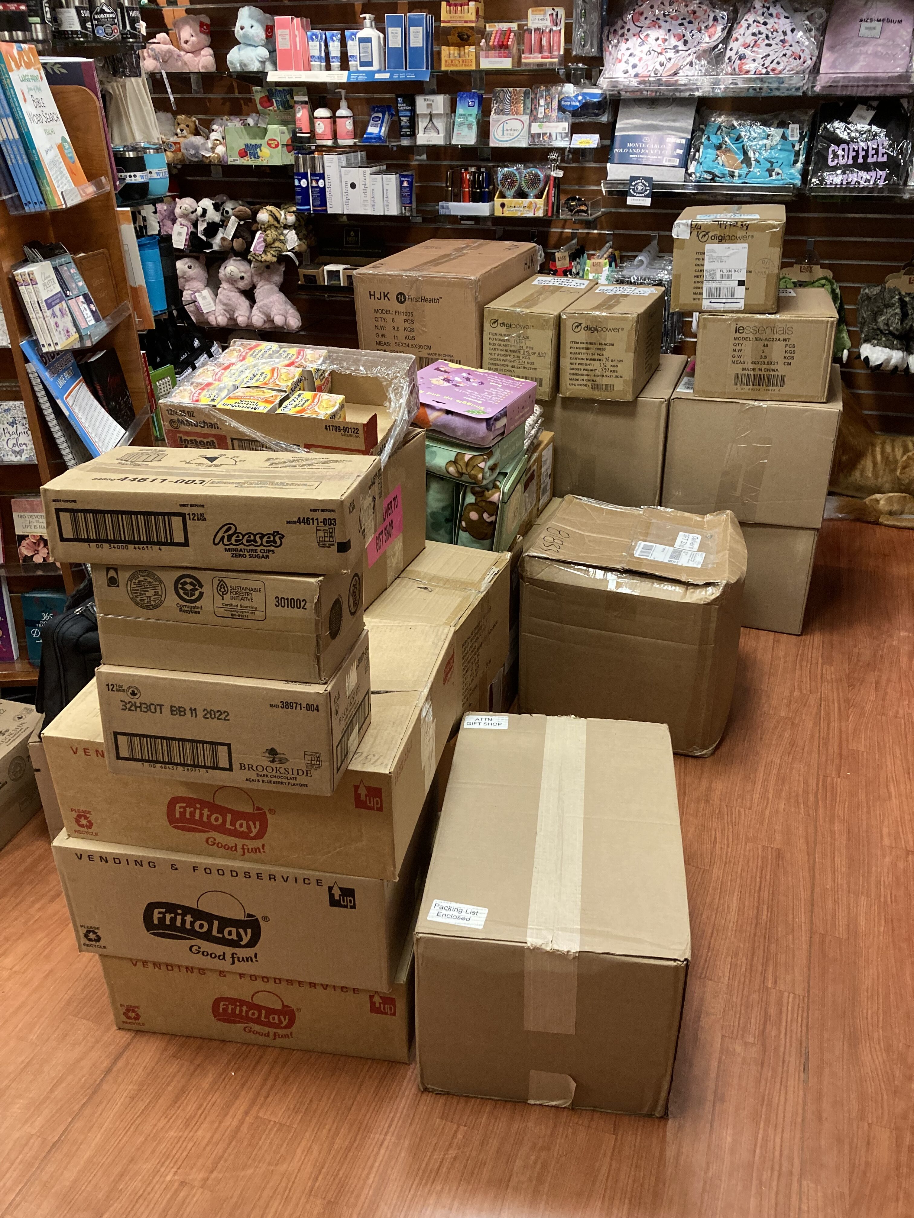 Boxes stacked in a gift shop
